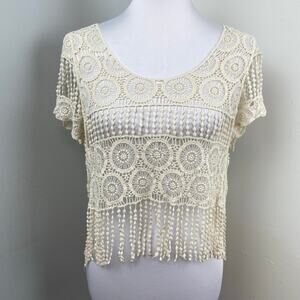 Ooh La La Ivory Open Crochet Fringe Blouse Top Small